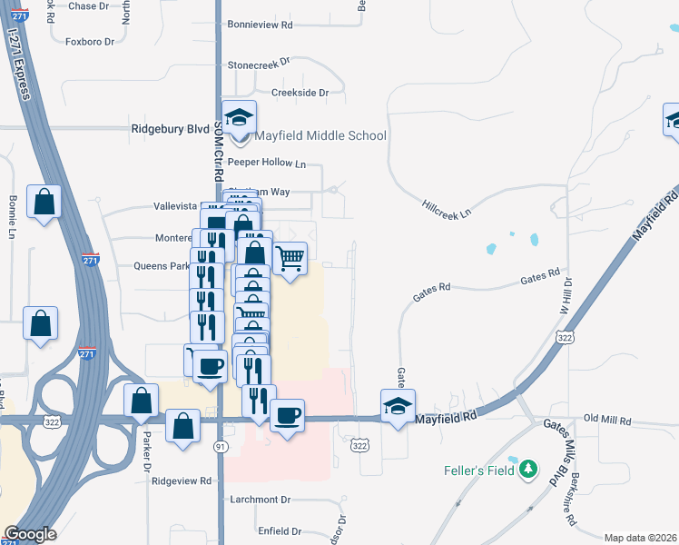 map of restaurants, bars, coffee shops, grocery stores, and more near 6809 Mayfield Road in Mayfield Heights
