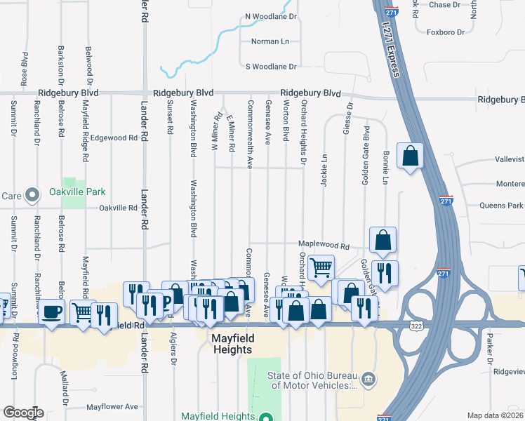 map of restaurants, bars, coffee shops, grocery stores, and more near 1268 Genesee Avenue in Mayfield Heights