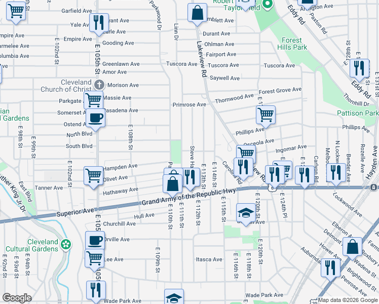 map of restaurants, bars, coffee shops, grocery stores, and more near 1168 Steve Harvey Way in Cleveland