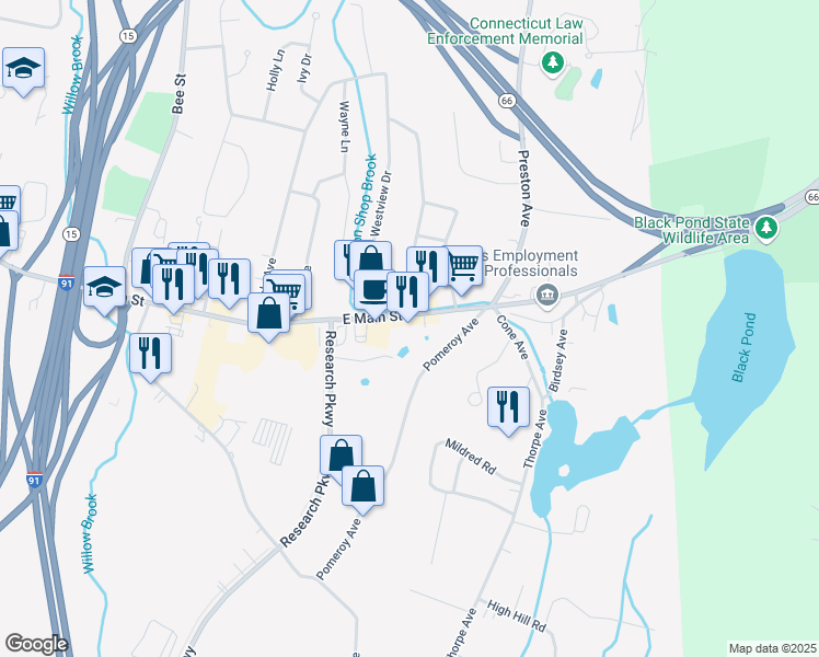 map of restaurants, bars, coffee shops, grocery stores, and more near 1371 East Main Street in Meriden