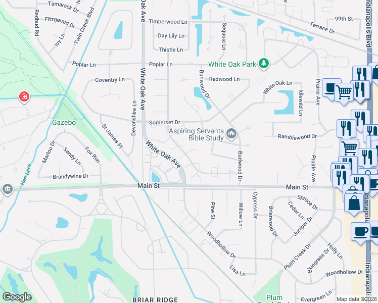 map of restaurants, bars, coffee shops, grocery stores, and more near 1723 Apple Blossom Drive in Munster