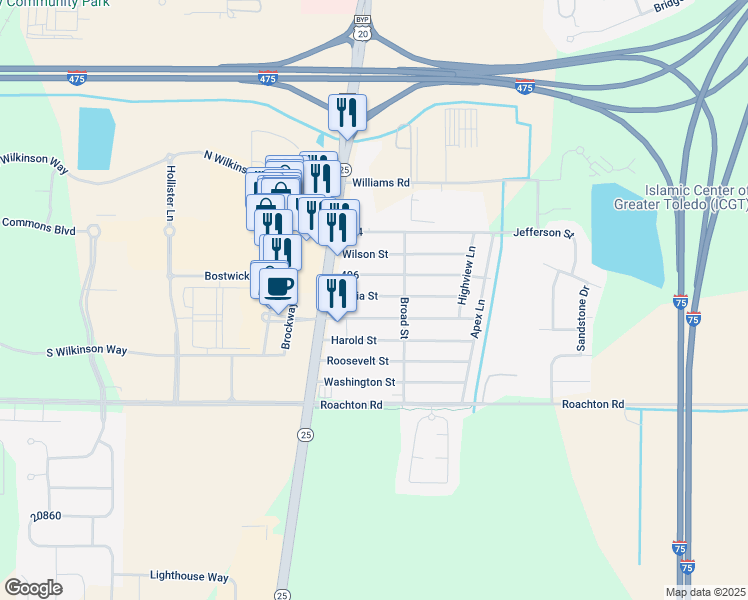 map of restaurants, bars, coffee shops, grocery stores, and more near 12477 406 in Perrysburg