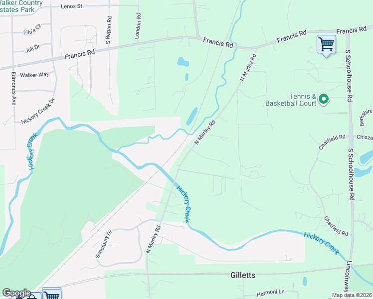 map of restaurants, bars, coffee shops, grocery stores, and more near 635 Marley Road in New Lenox
