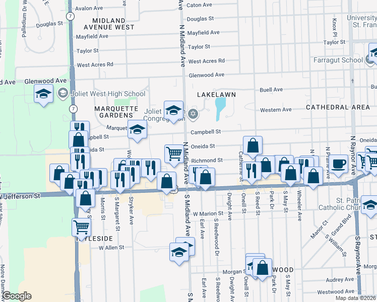 map of restaurants, bars, coffee shops, grocery stores, and more near 1313 Oneida Street in Joliet