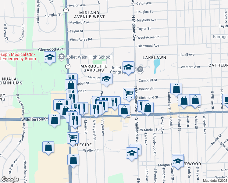 map of restaurants, bars, coffee shops, grocery stores, and more near Andrew Taras Court in Joliet