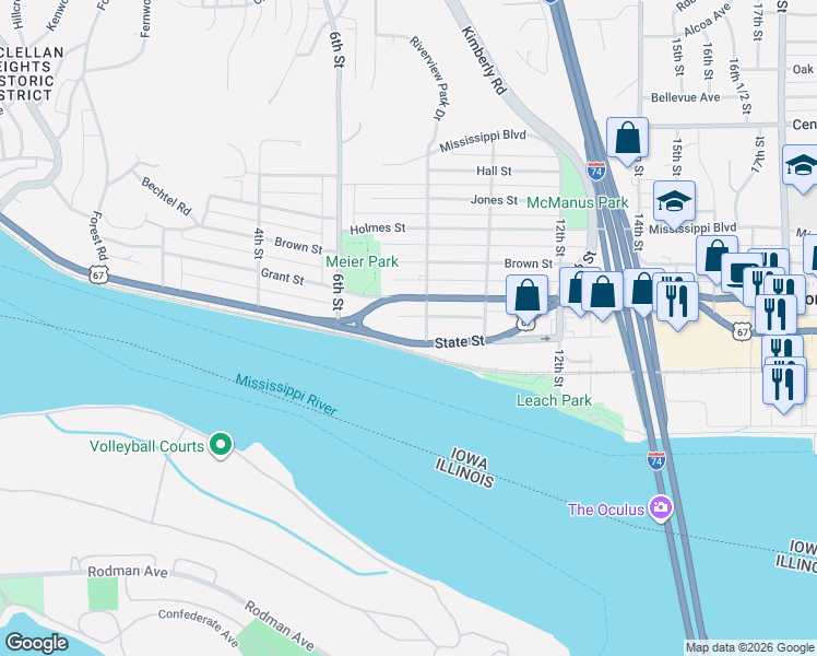 map of restaurants, bars, coffee shops, grocery stores, and more near 723 Grant Street in Bettendorf