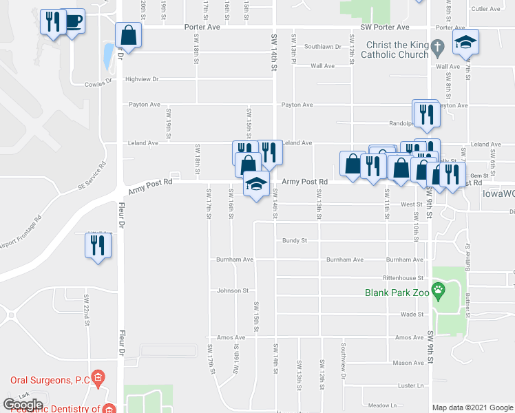 map of restaurants, bars, coffee shops, grocery stores, and more near 1401 Geil Avenue in Des Moines