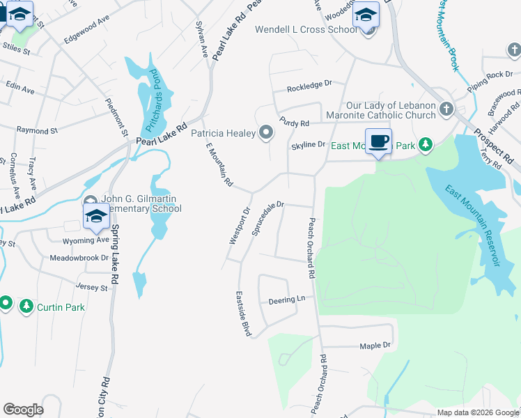 map of restaurants, bars, coffee shops, grocery stores, and more near 88 Sprucedale Drive in Waterbury