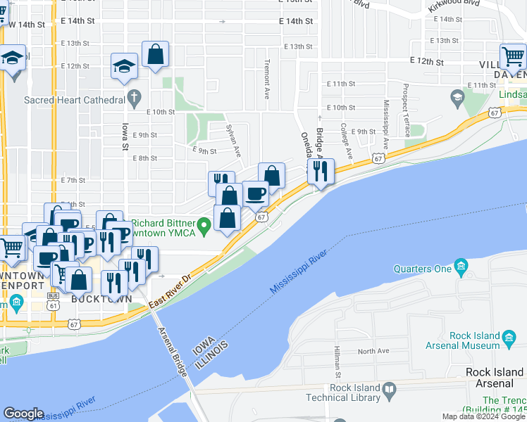 map of restaurants, bars, coffee shops, grocery stores, and more near 902 East River Drive in Davenport