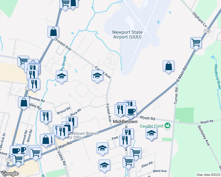 map of restaurants, bars, coffee shops, grocery stores, and more near 11 Ann Court in Middletown