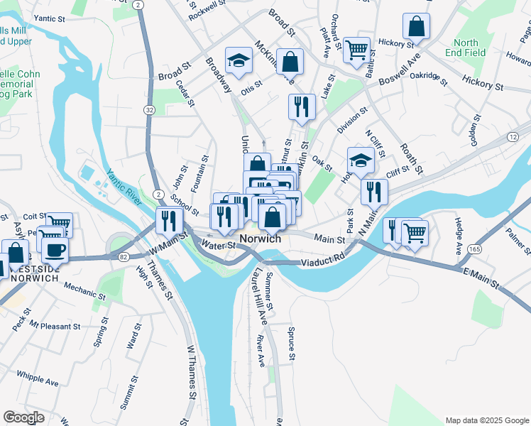 map of restaurants, bars, coffee shops, grocery stores, and more near 11 Chestnut Street in Norwich