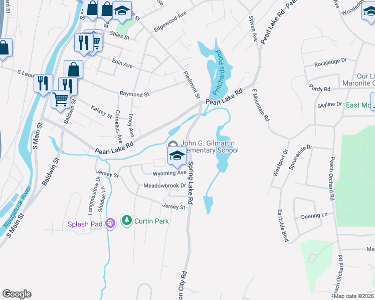 map of restaurants, bars, coffee shops, grocery stores, and more near 108 Spring Lake Road in Waterbury
