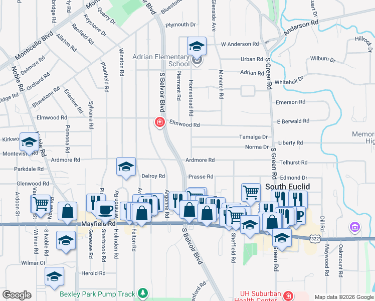 map of restaurants, bars, coffee shops, grocery stores, and more near 1247 Homestead Road in South Euclid