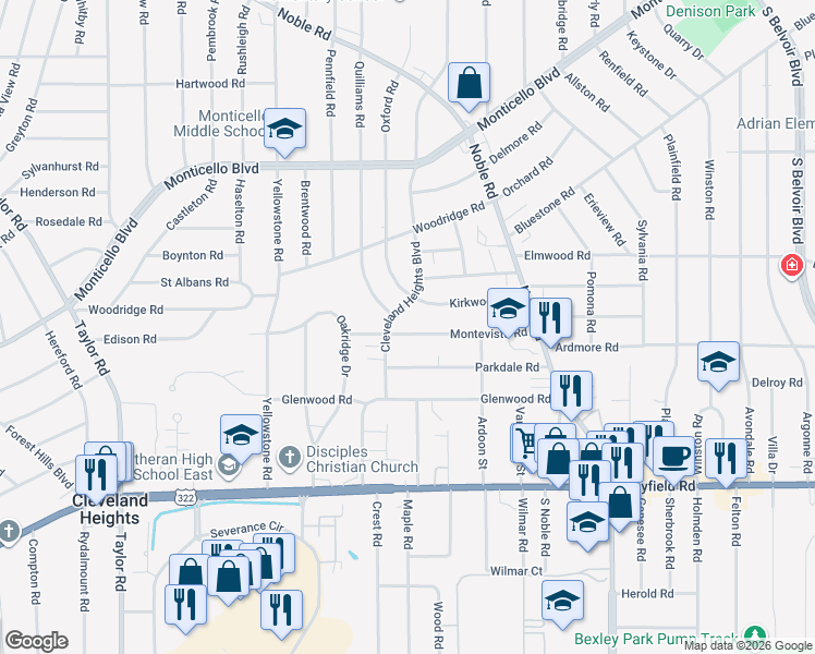 map of restaurants, bars, coffee shops, grocery stores, and more near 1259 Cleveland Heights Boulevard in Cleveland Heights