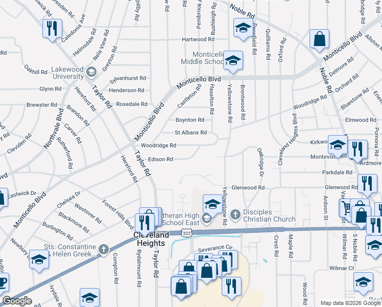map of restaurants, bars, coffee shops, grocery stores, and more near 3507 Woodridge Road in Cleveland Heights