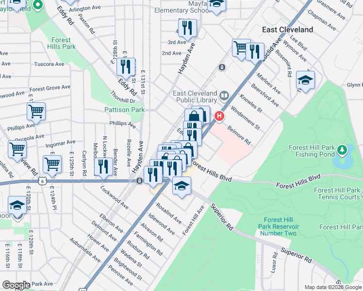 map of restaurants, bars, coffee shops, grocery stores, and more near 1775 Eddy Road in East Cleveland