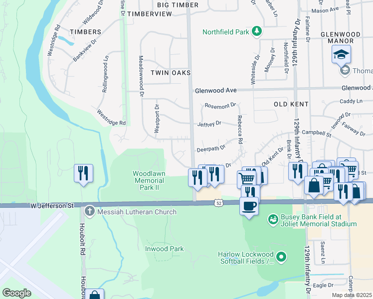 map of restaurants, bars, coffee shops, grocery stores, and more near 3204 Randy Road in Joliet