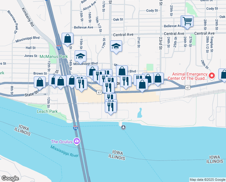 map of restaurants, bars, coffee shops, grocery stores, and more near in Bettendorf