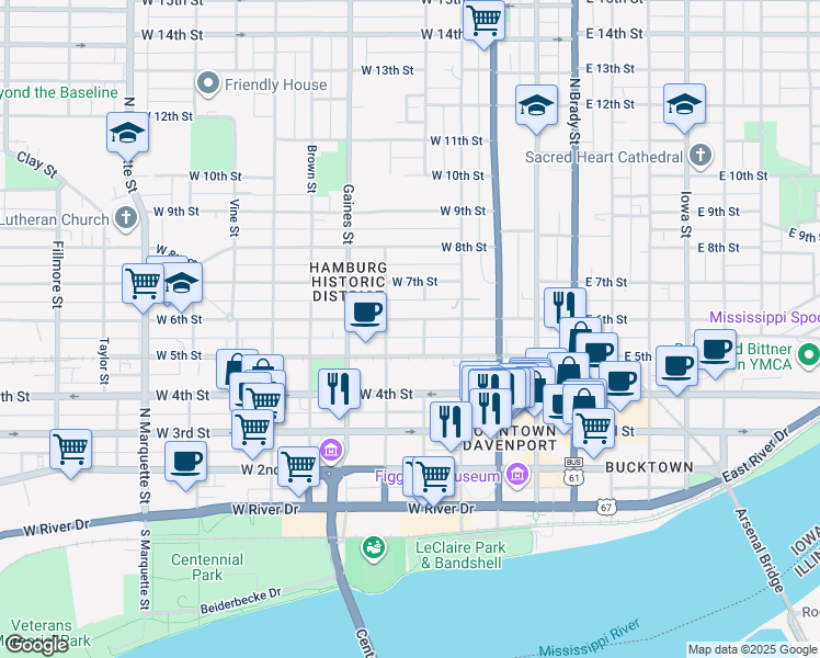 map of restaurants, bars, coffee shops, grocery stores, and more near 514 West 6th Street in Davenport