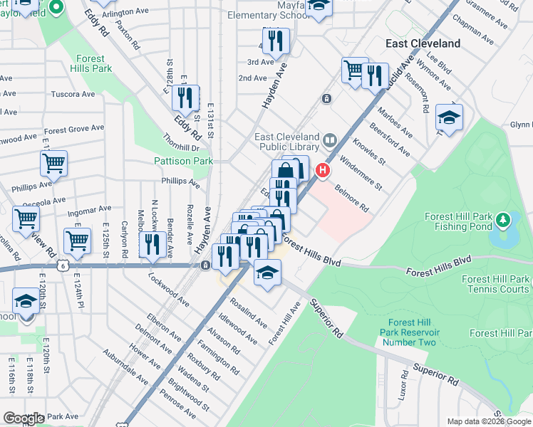 map of restaurants, bars, coffee shops, grocery stores, and more near 1775 Eddy Road in East Cleveland