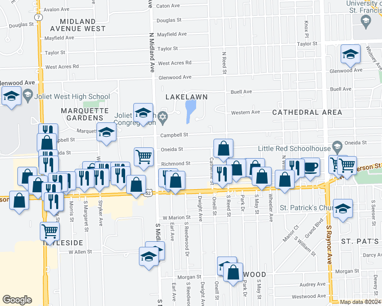 map of restaurants, bars, coffee shops, grocery stores, and more near 1301 Oneida Street in Joliet