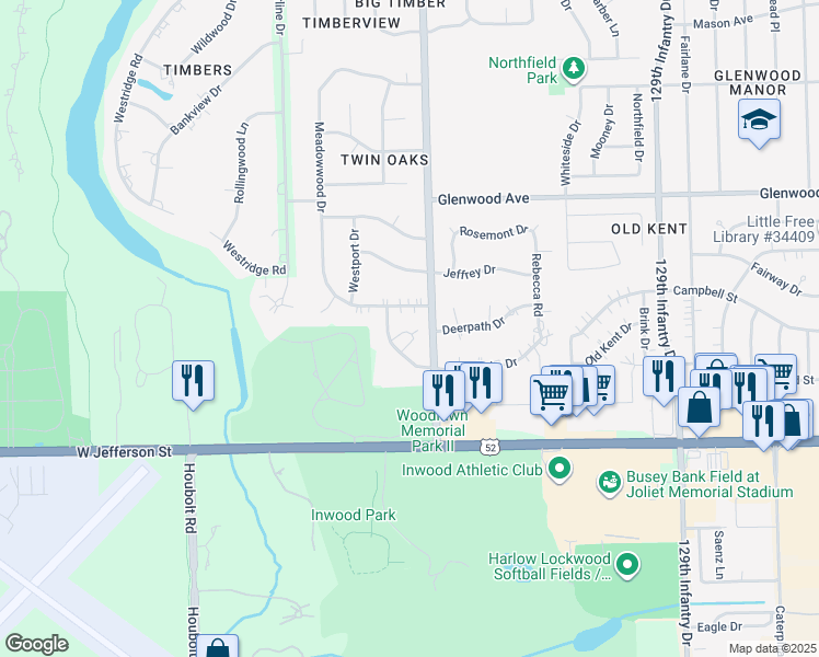 map of restaurants, bars, coffee shops, grocery stores, and more near 3204 Randy Road in Joliet