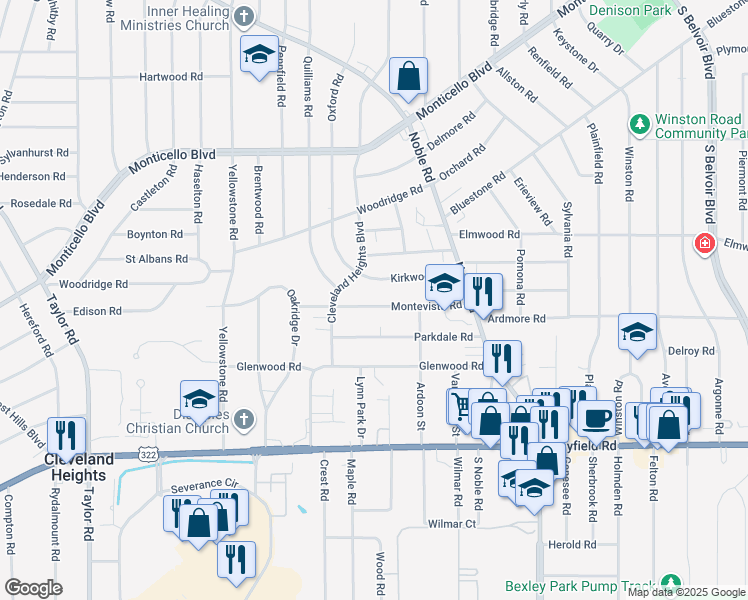 map of restaurants, bars, coffee shops, grocery stores, and more near 3801 Montevista Road in Cleveland Heights