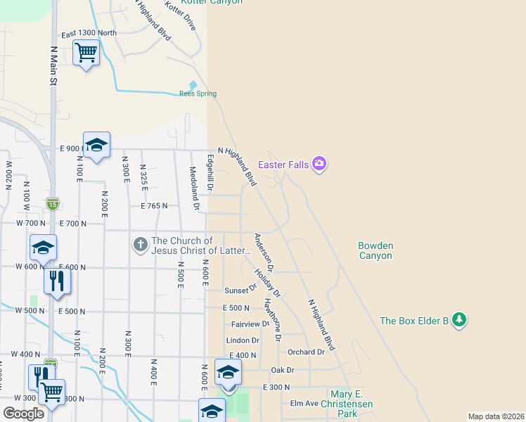 map of restaurants, bars, coffee shops, grocery stores, and more near 751 North Highland Boulevard in Brigham City