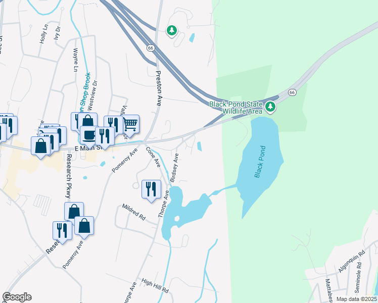 map of restaurants, bars, coffee shops, grocery stores, and more near 1561 East Main Street in Meriden
