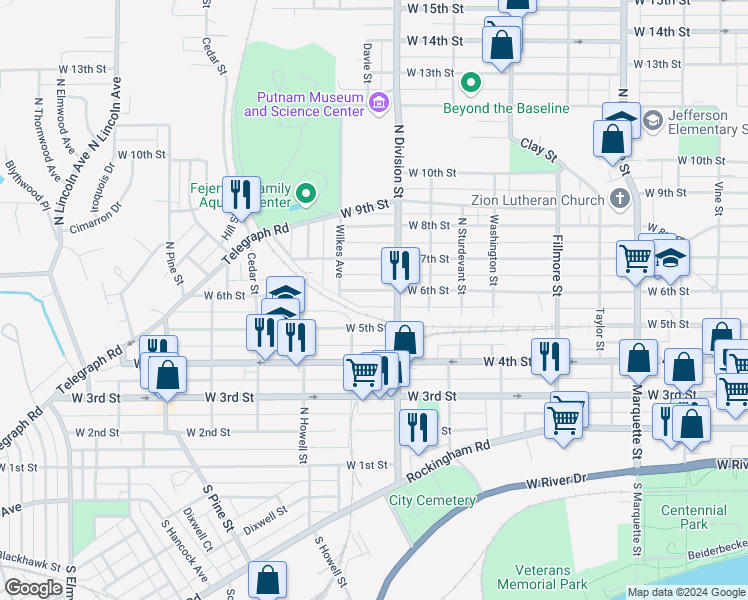 map of restaurants, bars, coffee shops, grocery stores, and more near 1823 West 6th Street in Davenport