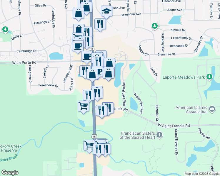 map of restaurants, bars, coffee shops, grocery stores, and more near 20015 South La Grange Road in Frankfort