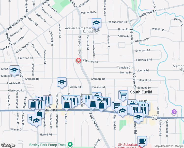 map of restaurants, bars, coffee shops, grocery stores, and more near 1247 Homestead Road in South Euclid