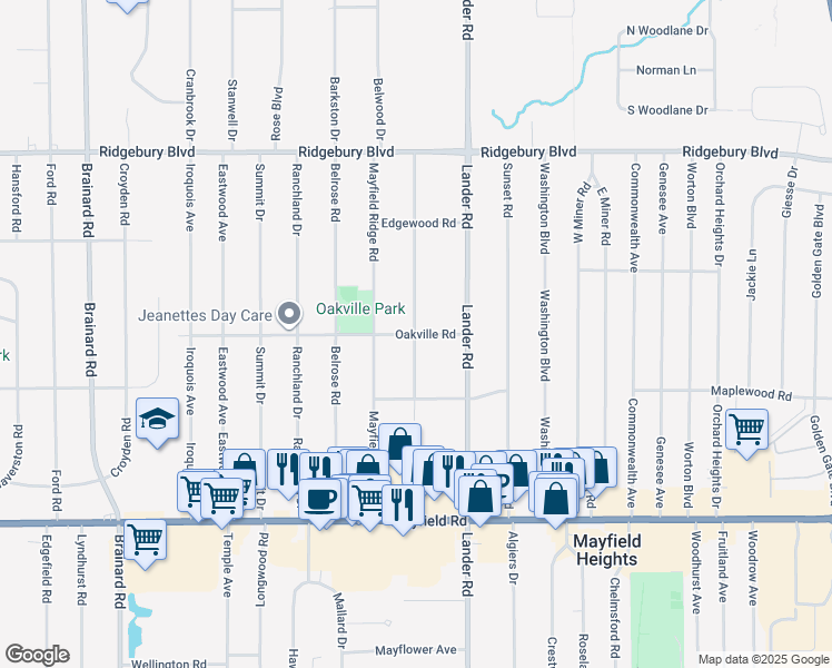 map of restaurants, bars, coffee shops, grocery stores, and more near 5943 Oakville Road in Mayfield Heights