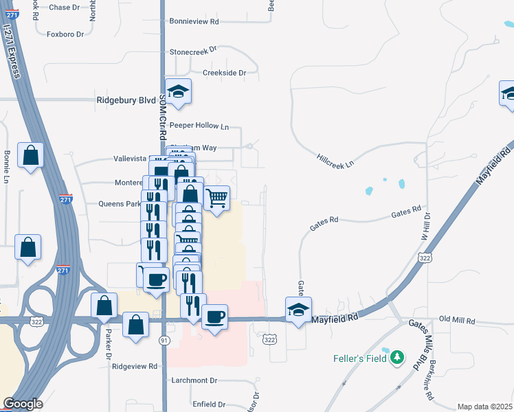 map of restaurants, bars, coffee shops, grocery stores, and more near 6809 Mayfield Road in Mayfield Heights