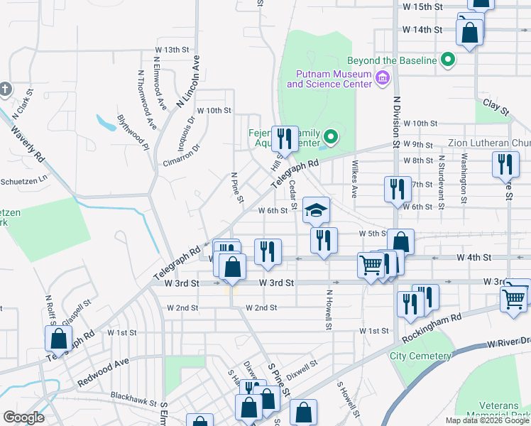 map of restaurants, bars, coffee shops, grocery stores, and more near 2047 West 6th Street in Davenport