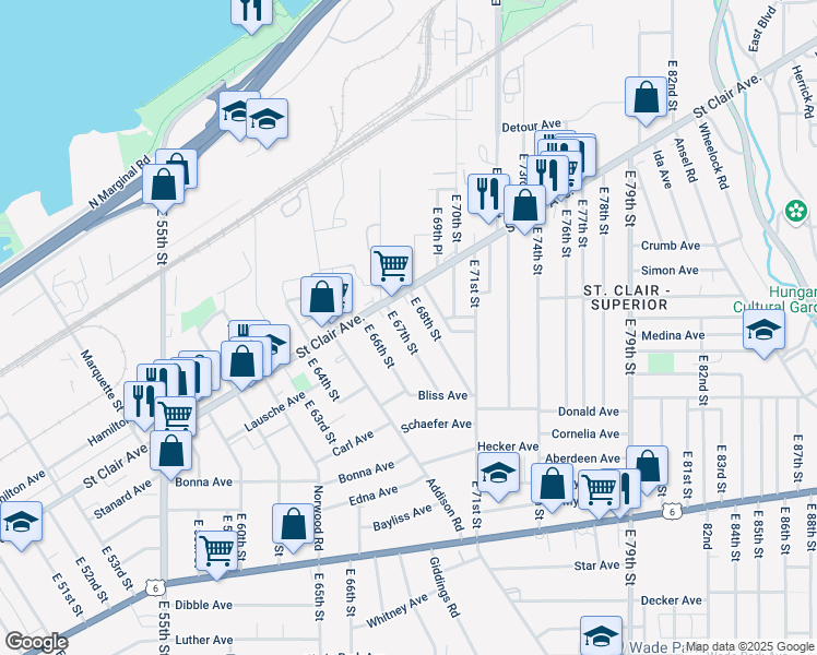 map of restaurants, bars, coffee shops, grocery stores, and more near 1063 East 67th Street in Cleveland