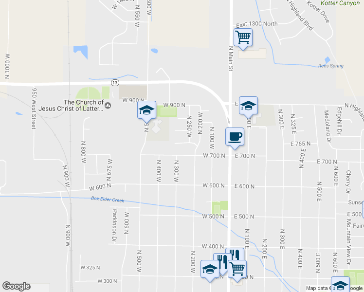 map of restaurants, bars, coffee shops, grocery stores, and more near 287 West 750 North in Brigham City