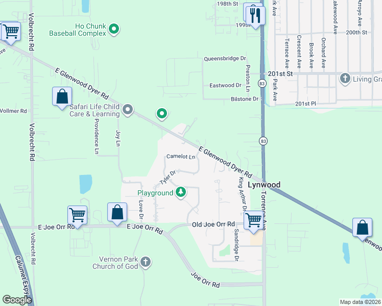 map of restaurants, bars, coffee shops, grocery stores, and more near 2186 Glenwood Dyer Road in Chicago Heights