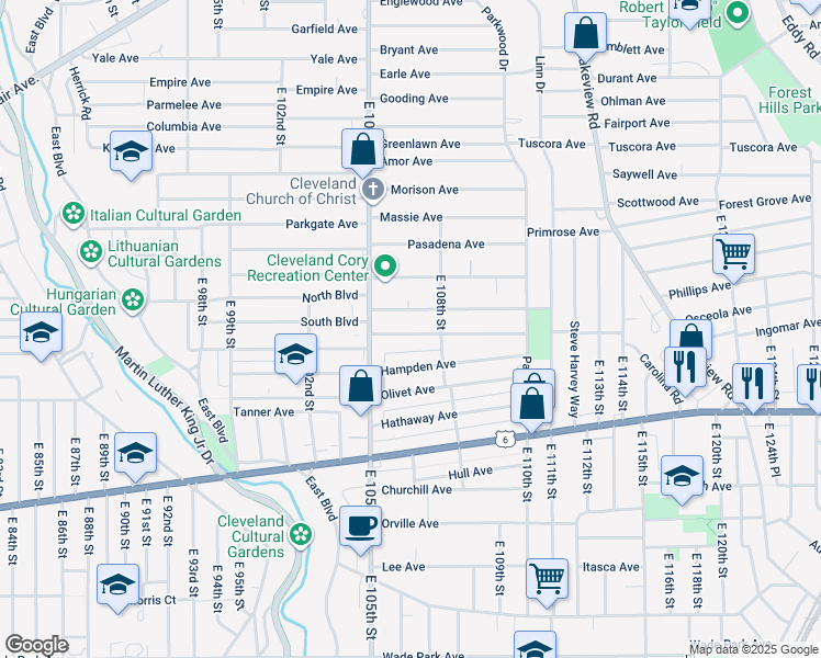 map of restaurants, bars, coffee shops, grocery stores, and more near 10623 Grantwood Avenue in Cleveland