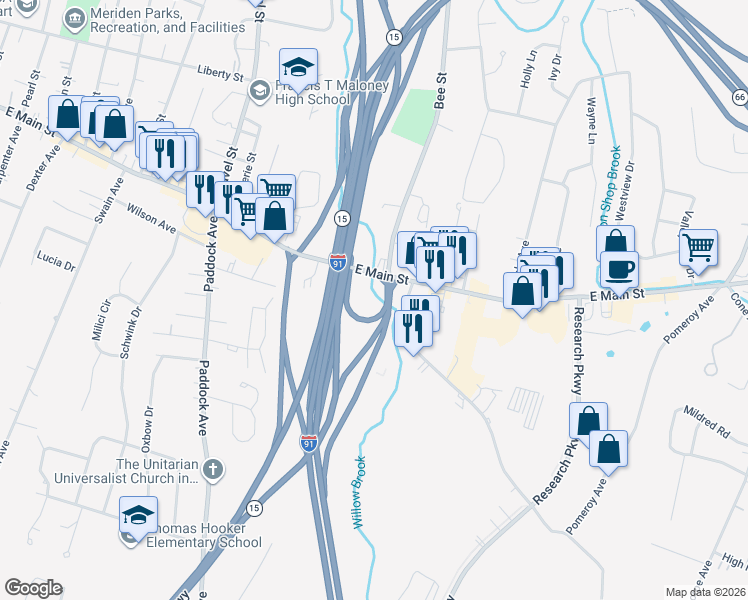 map of restaurants, bars, coffee shops, grocery stores, and more near in Meriden