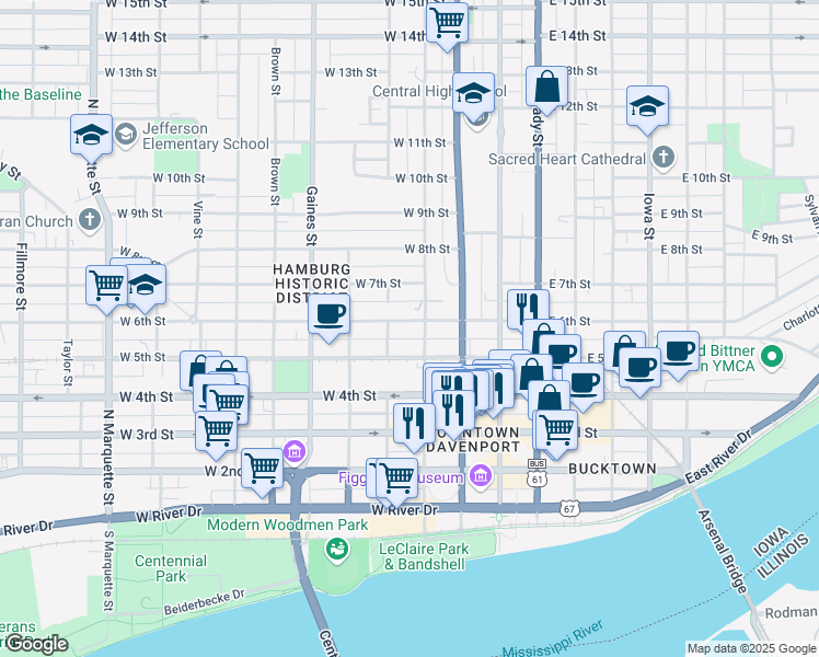 map of restaurants, bars, coffee shops, grocery stores, and more near 413 West 6th Street in Davenport