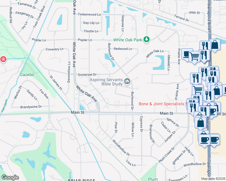 map of restaurants, bars, coffee shops, grocery stores, and more near 10336 Rosewood Ln in Munster
