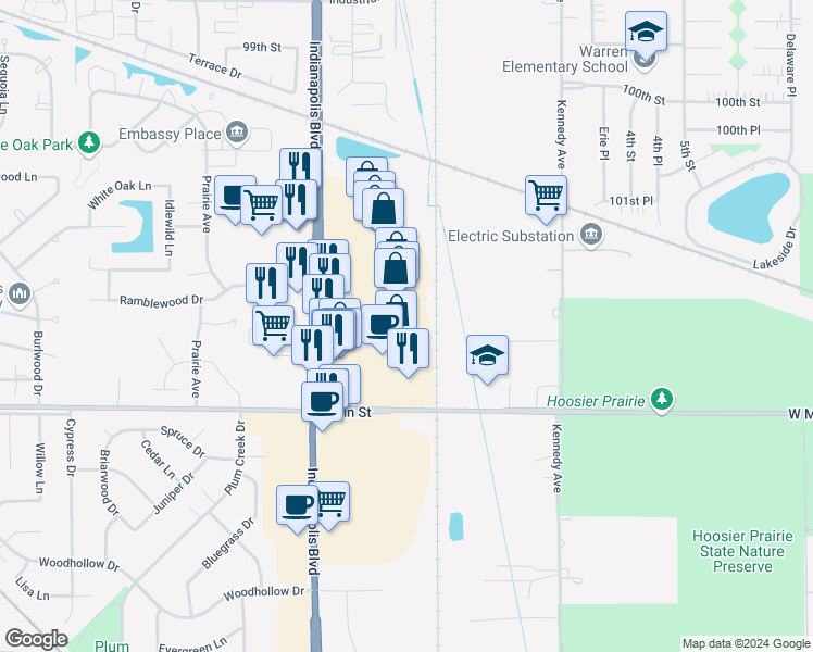 map of restaurants, bars, coffee shops, grocery stores, and more near 10353 Indianapolis Boulevard in Highland