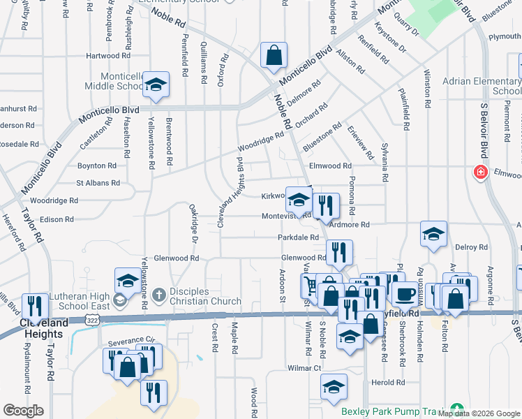 map of restaurants, bars, coffee shops, grocery stores, and more near 3820 Kirkwood Road in Cleveland Heights
