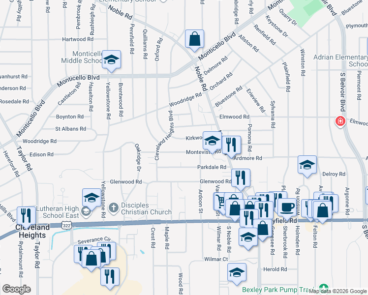 map of restaurants, bars, coffee shops, grocery stores, and more near 3820 Kirkwood Road in Cleveland Heights