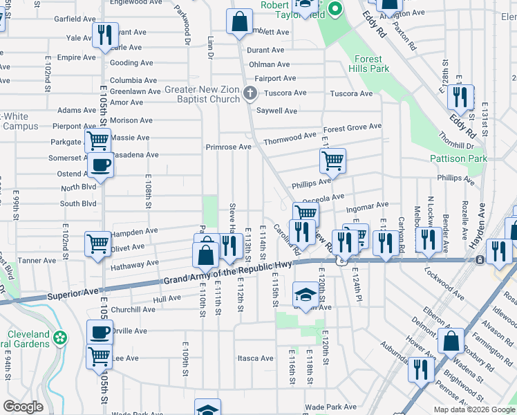 map of restaurants, bars, coffee shops, grocery stores, and more near 1160 East 114th Street in Cleveland