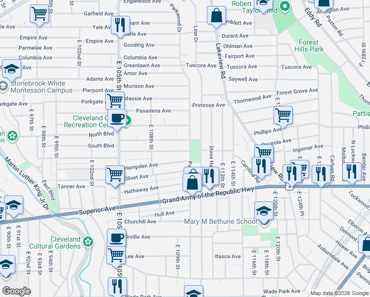 map of restaurants, bars, coffee shops, grocery stores, and more near 10916 Grantwood Avenue in Cleveland