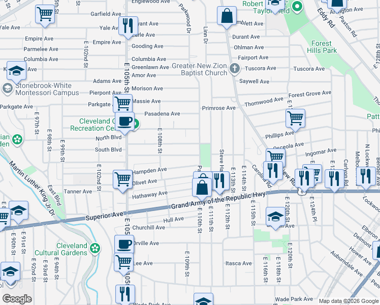 map of restaurants, bars, coffee shops, grocery stores, and more near 10916 Grantwood Avenue in Cleveland