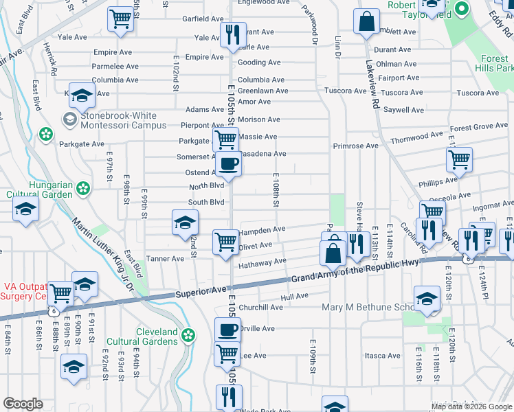 map of restaurants, bars, coffee shops, grocery stores, and more near 10623 Grantwood Avenue in Cleveland