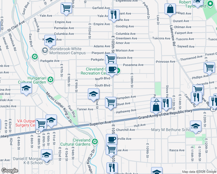 map of restaurants, bars, coffee shops, grocery stores, and more near 10403 South Boulevard in Cleveland